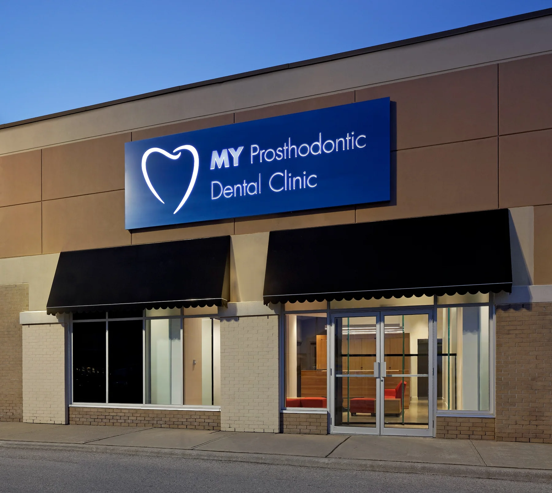Clinic exterior at dusk